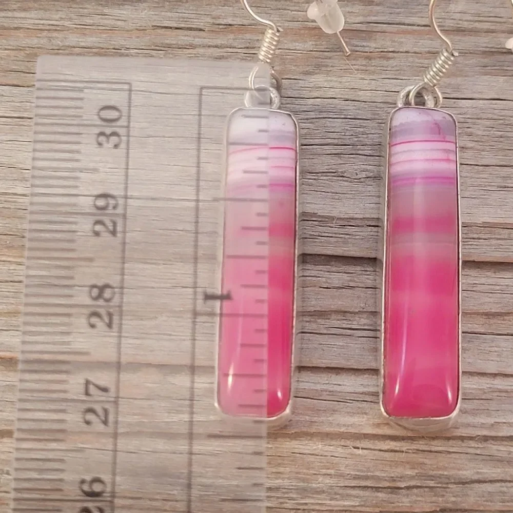 Silver Long Rectangle Pink Agate Bezel Set Dangle Earrings